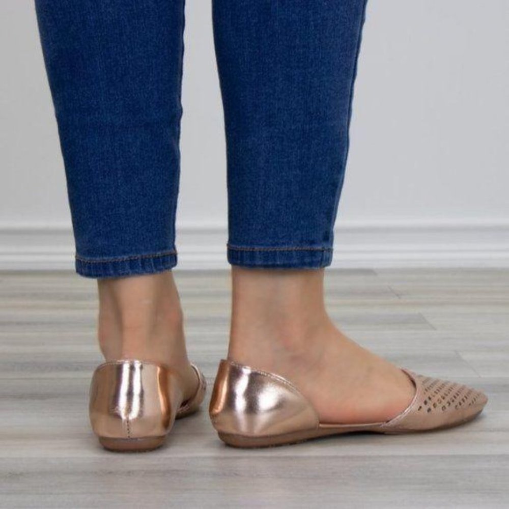 Pointed Toe Perforated Gold Rose Flats - Picture 3 of 7